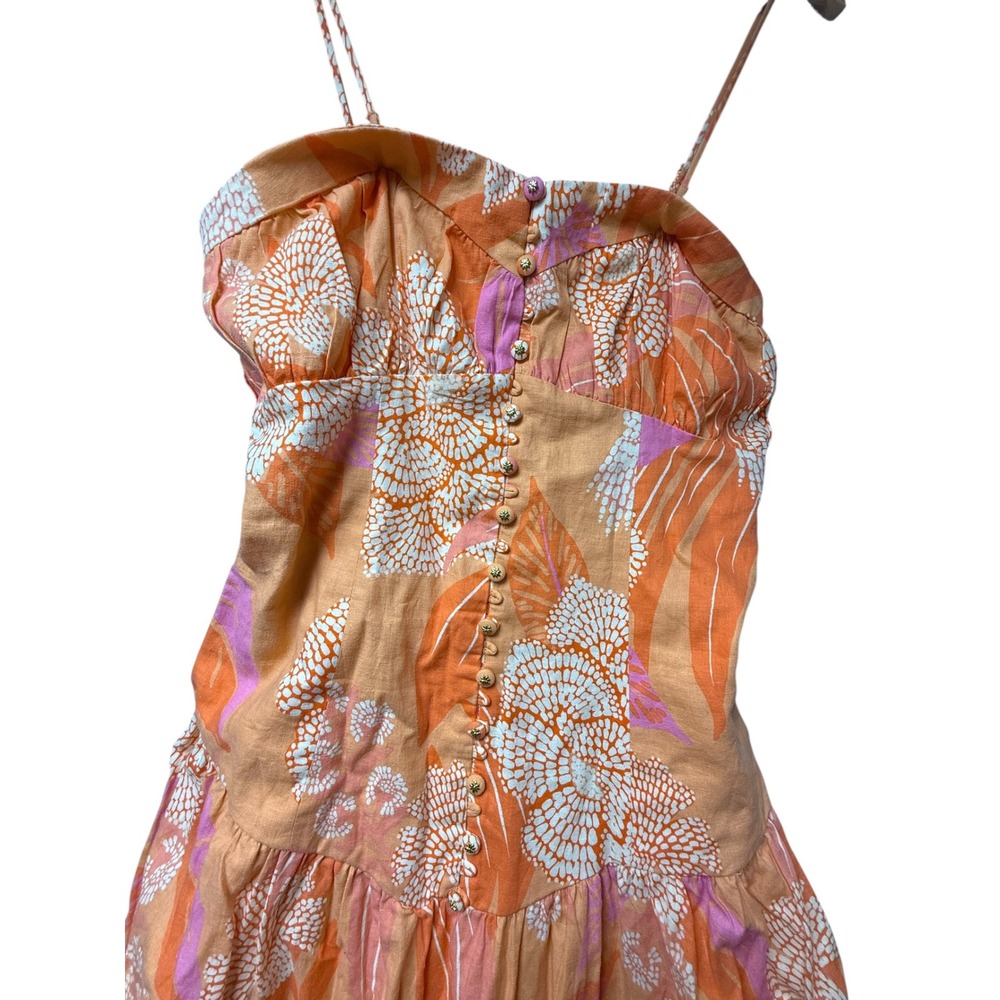Farm Rio Orange Parrot Macaw Floral Linen‎ Blend Midi Dress Size L Large - Picture 7 of 11